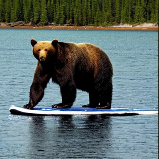 Prompt: bear on a sup, paddleboard, in the style of soapstone carving, in the inuit style,