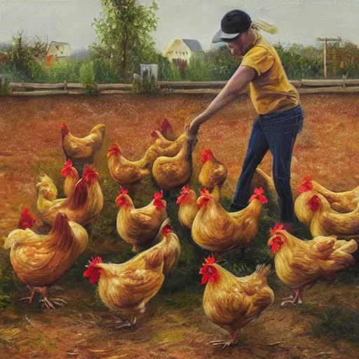 Prompt: chickens putting human beings in coops, oil painting, hyper realistic