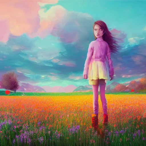 Prompt: girl with a blooming flower face, surreal photography, standing in flower field, in a valley, sunrise dramatic light, impressionistic painting, colorful clouds, artstation, simon stalenhag