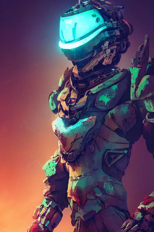 Image similar to strange creature in dead space space suit radiating a glowing aura horizon forbidden west horizon zero dawn global illumination ray tracing hdr fanart arstation by ian pesty and alena aenami artworks in 4 k tribal robot ninja mask helmet backpack