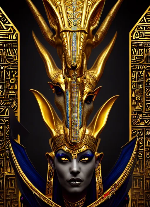 Prompt: angry god anubis, snarling jackal with egyptian pharaoh headdress and nemes, ornate art nouveau detail, black and gold palette, fantasy, intricate, elegant, highly detailed, colorful, dark colors, dramatic shadow, digital painting, artstation, concept art, art by artgerm and greg rutkowski and ruan jia,