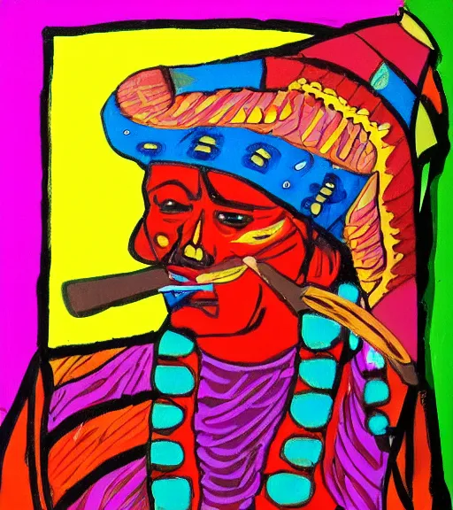 Image similar to Painting of a shaman dressed in a colorful traditional clothes. He is smoking a pipe. From the pipe there is a whole universe escaping and filing the sky