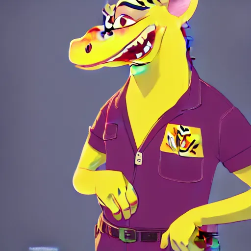 Prompt: in the style of artgerm, loish and pixar, anthropomorphic alligator, symmetrical face, symmetrical eyes, red scales on his back, yellow scale on his belly and chest, male, waring a hawaiian shirt, in the style of zootopia, hd, 4 k, high definition background