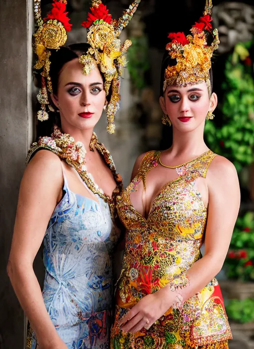 Image similar to portrait of elizabeth hurley and katy perry wearing kebaya in bali temple, by charlotte grimm, natural light, detailed face, beautiful features, symmetrical, canon eos c 3 0 0, ƒ 1. 8, 3 5 mm, 8 k, medium - format print, half body shot