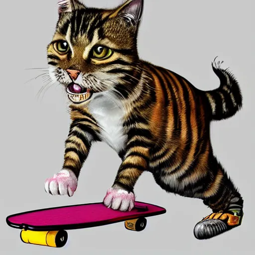 Prompt: A tabby cat standing on its back legs, wearing high top sneakers and sunglasses, riding a skateboard, digital art, trending at artstation
