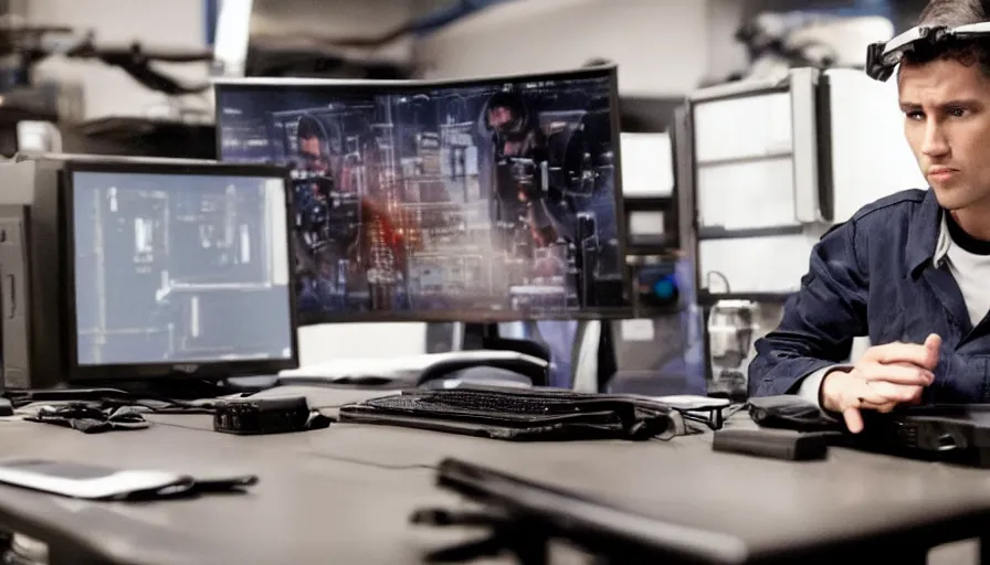 Image similar to big budget action movie about an evil hacker using a computer in a science lab