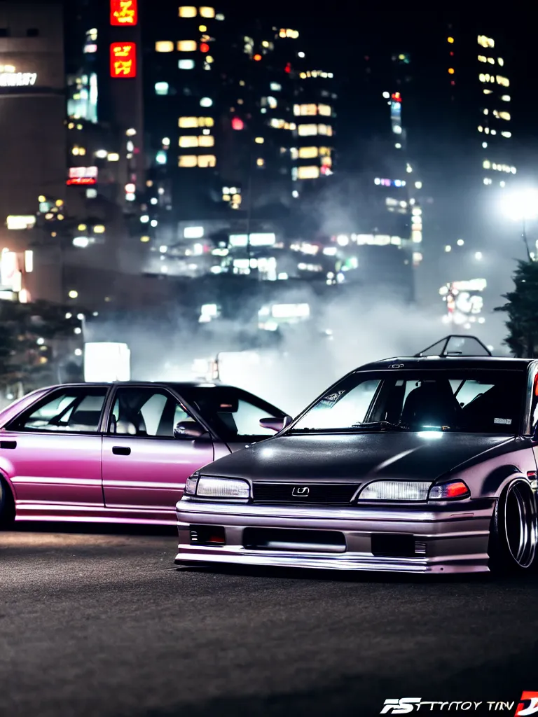 Image similar to a car JZX100 twin turbo drift at illegal car meet, Shibuya prefecture, city midnight mist lights, cinematic lighting, photorealistic, highly detailed wheels, high detail