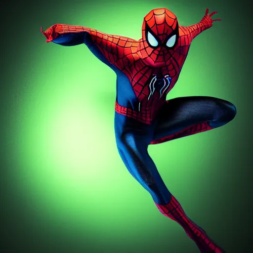 Image similar to green spider - man suit with black web lining, cinematic, volumetric lighting, realistic, hyperdetailed, photorealistic, photograph