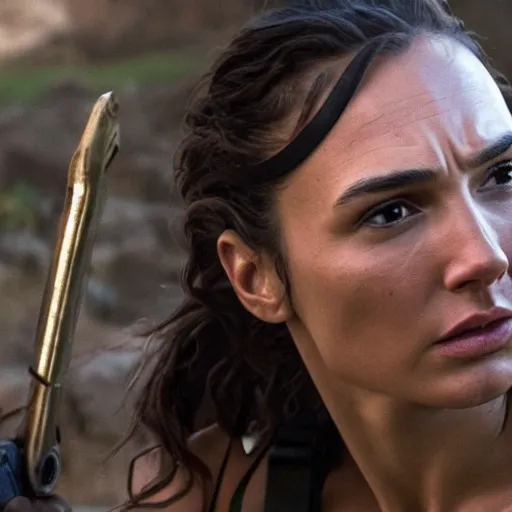 Prompt: a still from a film of gal gadot as Lara Croft in a beautiful old peruvian town, close-up, highly detailed face