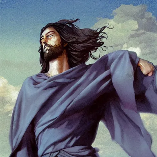 Image similar to jesus in a jojo dramatic pose, illustration by hirohiko araki and greg rutkowski