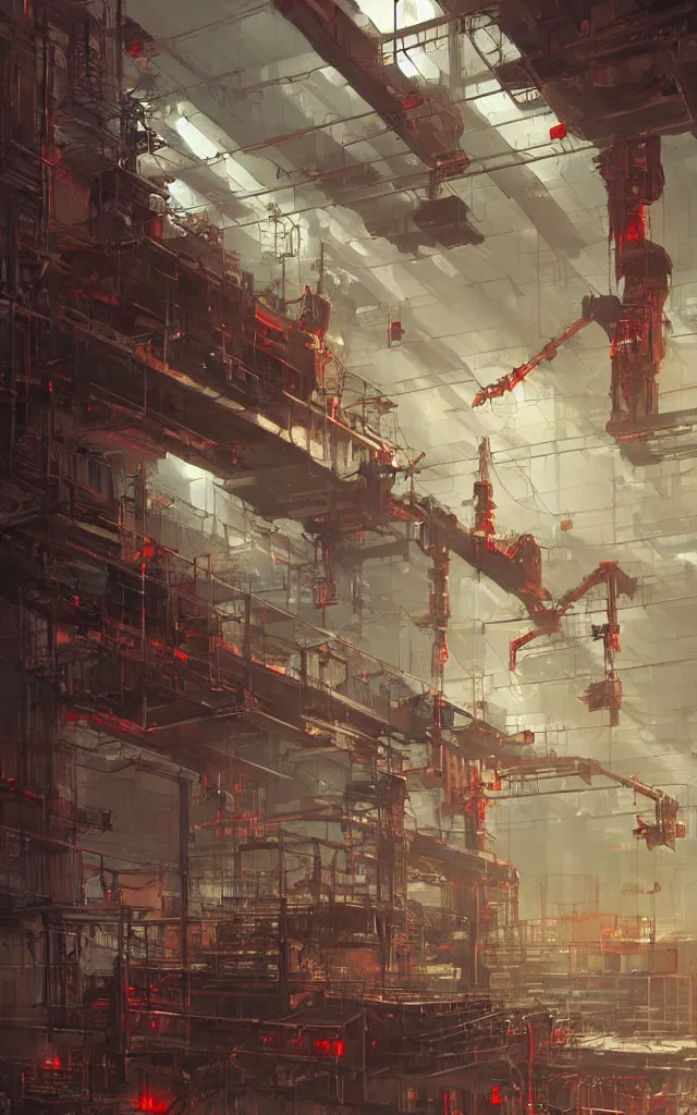 Image similar to dystopian factory building robots, with suspended rails and hanging mechanical parts, robotic arms, red leds, concept art by craig mullins, gloomy, neon lights