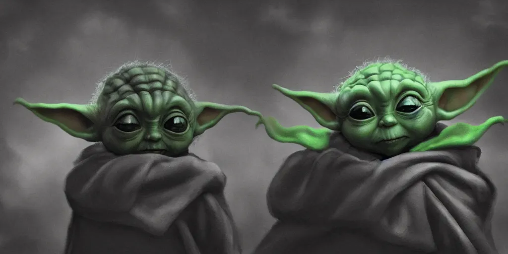 Prompt: Baby Yoda, Portrait, Very Cloudy Sky, Sun, Shadowy, Darkest Dungeon art style, Subject in Middle, Subject in center, Rule of Thirds, 4K, Chris Bourassa Brooks Gordon