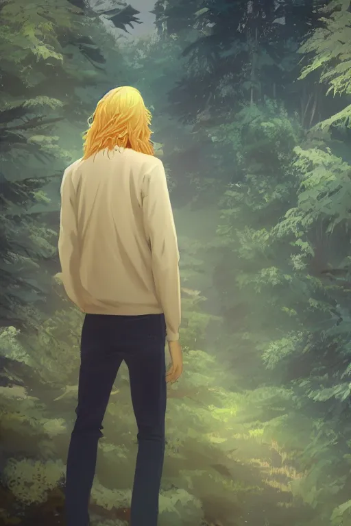 Image similar to pretty young man with long golden blond hair made of gold, demure, slender, back view, lost, trees, detailed forest background, webtoon, breathtaking scenery, colourful, 8 k, graphic novel, digital art trending on artstation, volumetric lighting, octane render, cinematic, hyper detailed, magical atmosphere, magical forest, ghibli