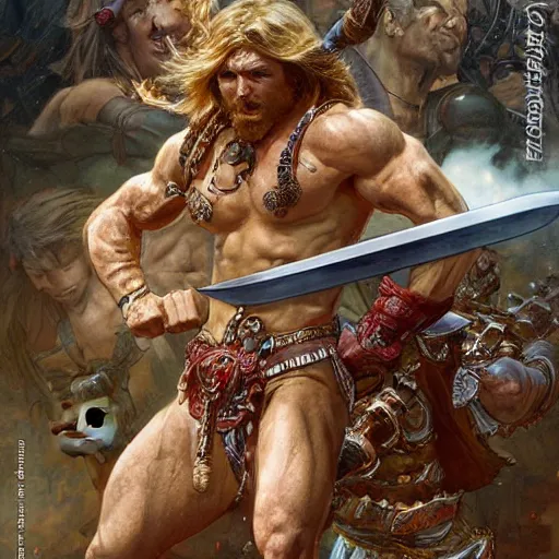 Image similar to muscular male barbarian fighting the world, intricate details, large sword, smoke and fire, by Stanley Artgerm Lau, by greg rutkowski, by thomas kindkade, by alphonse mucha, loish, by norman rockwell J.