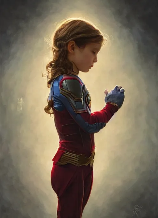 Prompt: a little girl with a mischievous face and light brown curly wavy hair. she is dressed as captain america, batman, the flash, captain marvel, wonder woman, a superhero. clean elegant painting, beautiful detailed face. by artgerm and greg rutkowski and alphonse mucha