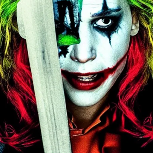 Prompt: Promo picture of Jennifer Lawrence as Joker in Dark Knight remake (2029)