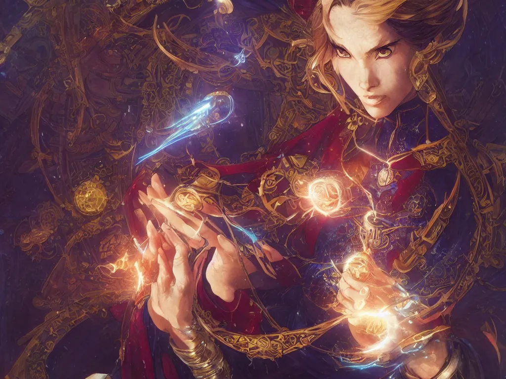 Image similar to anime key visual of a beautiful female doctor strange, marvel comics, spells, magic, intricate, magical village, stunning, highly detailed, digital painting, artstation, smooth, hard focus, illustration, art by artgerm and greg rutkowski and alphonse mucha