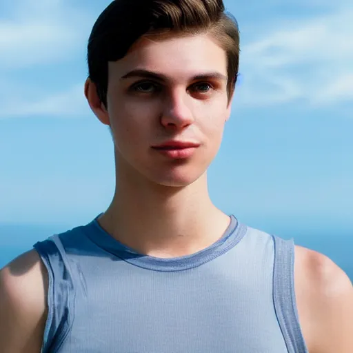 Image similar to Portrait of a 21 yo boy with natural brown hair, smooth pale skin. mesh tank top. Detailed face. Blue sky.