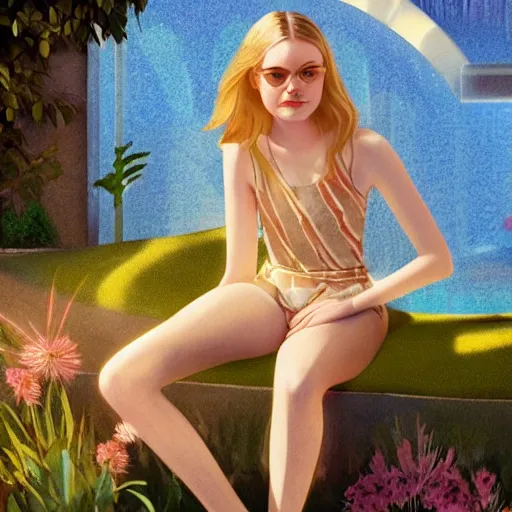 Prompt: Elle Fanning, next to a pool, golden hour, in a garden, artstation, in the style of Art Deco