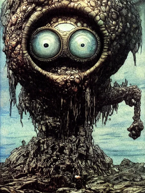 Image similar to one-eyed single-eyed Cyclops Polyphemus concept art with one huge eye. Extremely high detail, details, realistic, solo, masterpiece, colorful, art by Arthur Rackham, Muzinabu, Zdzisław Beksiński, Johann Tischbein, Dariusz Zawadzki, Eugene de Blaas