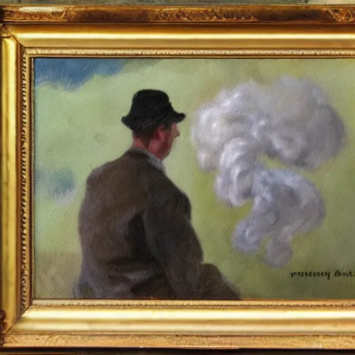 Prompt: An impressionist oil painting of a man working, smoke is coming out of the head