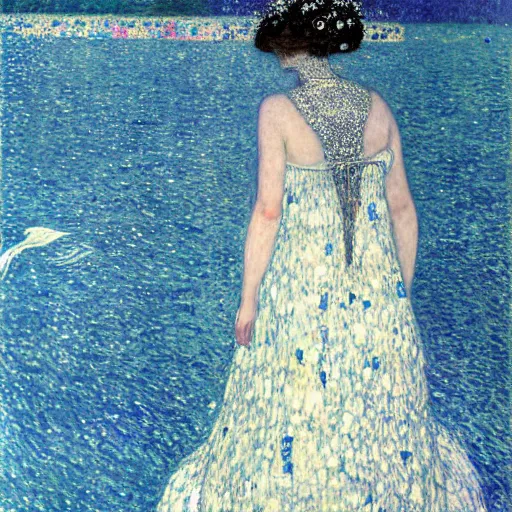 Prompt: a young beautiful woman with sliver long hair wearing a long white dress, on a boat flowing in the deep blue starry sea, flying white birds, sea animals, like a dream, hyperrealistic, highly detailed, gothic, by gustav klimt, whole body, from back