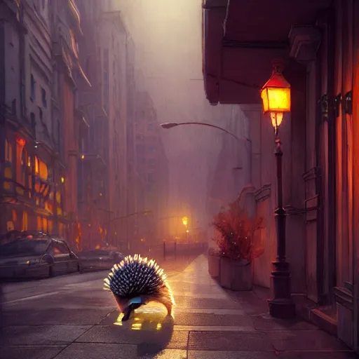 Prompt: photorealistic render of a hedgehog in a city of minsk, by wlop, artgerm, greg rutkowski, alphonse mucha, beautiful dynamic dramatic dark moody lighting, shadows, cinematic atmosphere, artstation, concept design art, octane render, 8 k