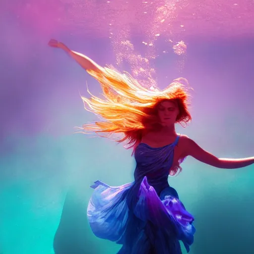 Prompt: woman dancing underwater wearing a flowing dress made of blue, magenta, and yellow seaweed, delicate coral sea bottom, swirling silver fish, swirling smoke shapes, bryce render, caustics lighting from above, cinematic, hyperdetailed