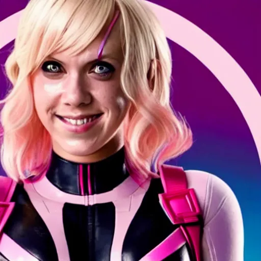 Image similar to A still of Gwenpool in Deadpool 3 (2023), blonde hair with pink highlights, no mask, white and light-pink outfit, smiling and winking at the camera