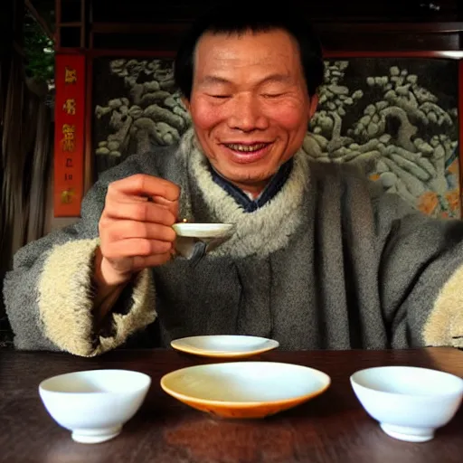 Image similar to zhuangzi drinking chinese tea in a chinese tea house, smiling, introspective, deep mystical knowledge