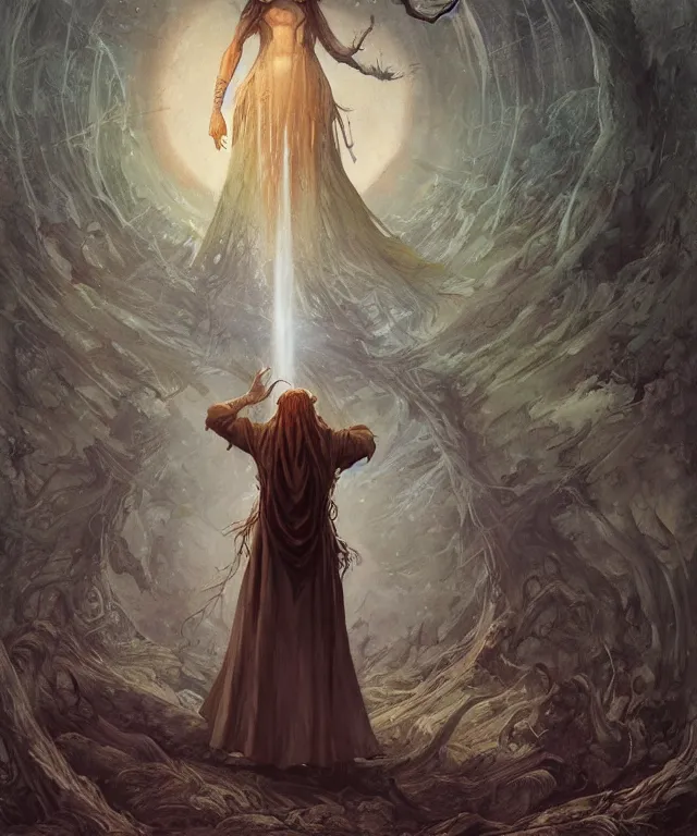 Image similar to a druid standing in a circle at the beginning of the world by alan lee and peter mohrbacher