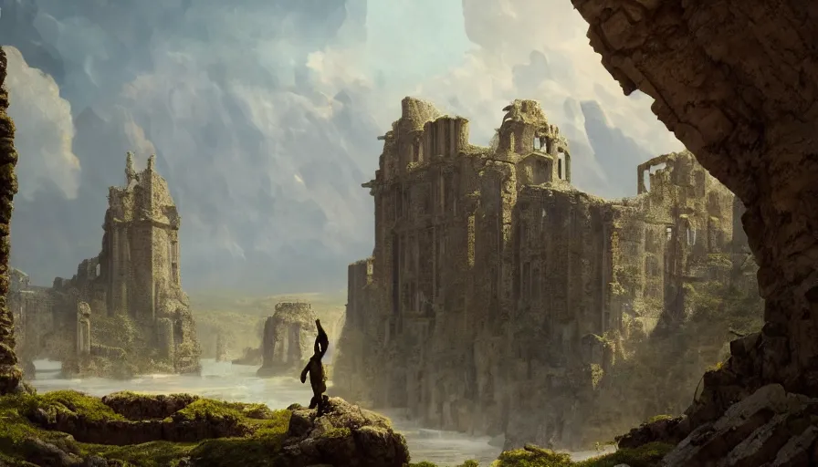 Image similar to a land of ruins of lost civilization with a distant fort in the middle, pure gold pillars, water tunnels below and a magical time gate to another dimension, a man wearing a robe standing watching over, by caspar david friedrich by james gilleard and justin gerard, artstation, smooth, sharp focus, by jean baptiste, octane render