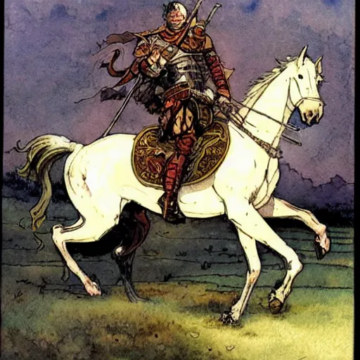 Image similar to a realistic and atmospheric watercolour fantasy concept art of a knight on a white horse, muted colors. by rebecca guay, michael kaluta, charles vess and jean moebius giraud,