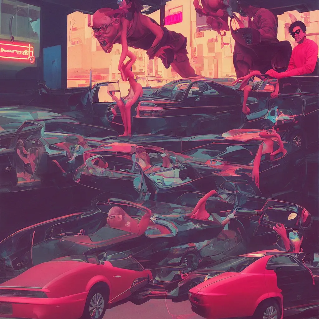 Image similar to weird and disturbing painting of todd solondz driving a car in the streets of tel aviv, vivid colors, neon, art by ( ( ( kuvshinov ilya ) ) ) and wayne barlowe and francis bacon and artgerm and wlop and william - adolphe bouguereau