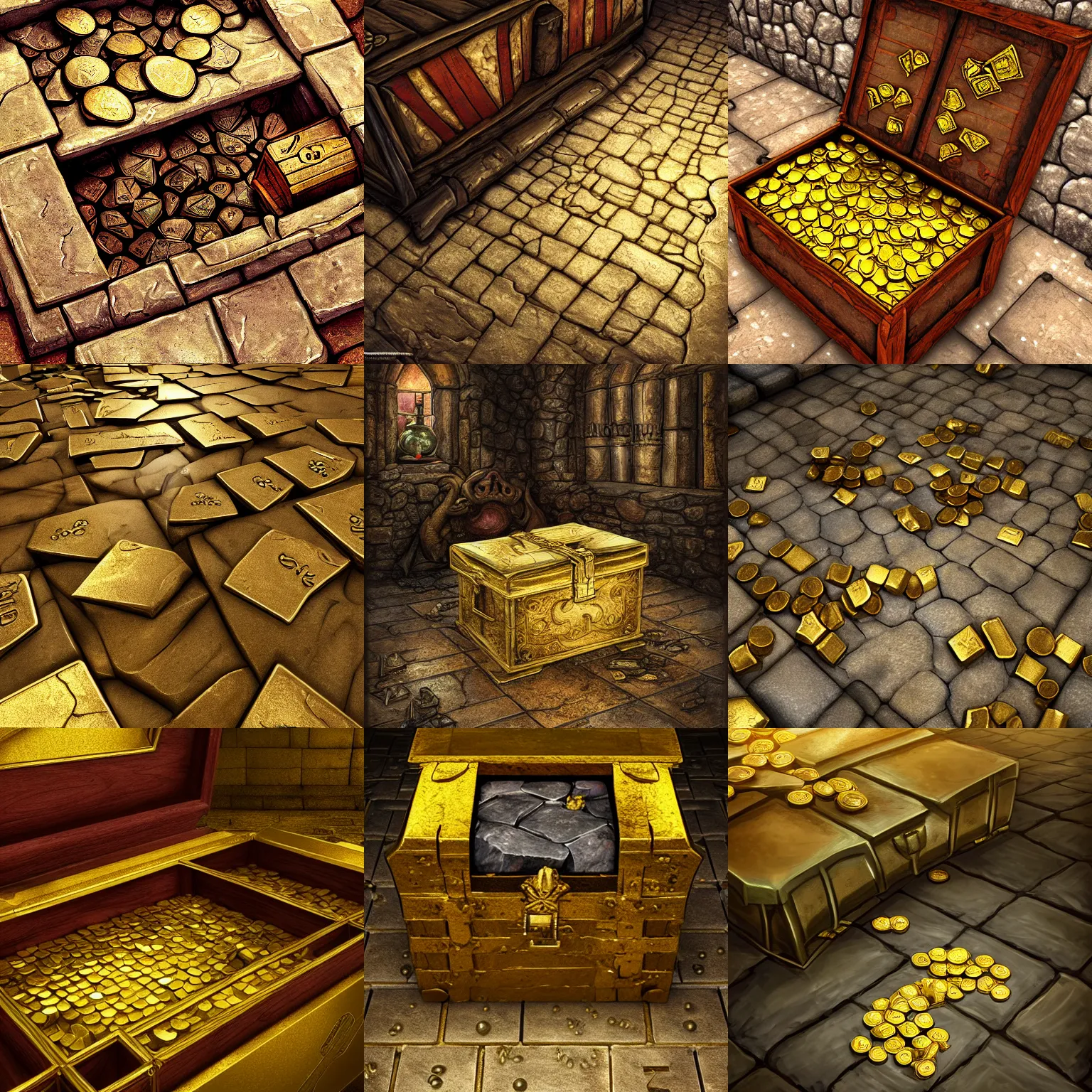 Prompt: stone floor, opened chest full of gold, blood, dnd fantasy digital art, high detail, realistic, deadly