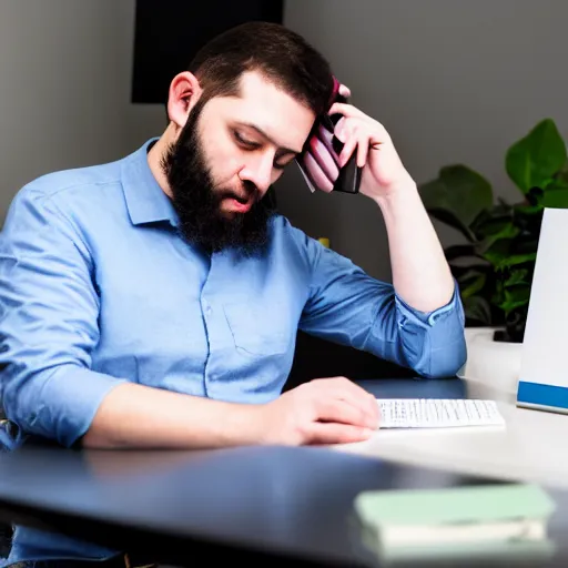 Prompt: A software engineer passed out on their desk is tasked with another dead end support call on the phone, Canon EOS R3, f/1.4, ISO 200, 1/160s, 8K, RAW, unedited, symmetrical balance, in-frame