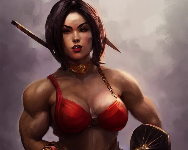 Image similar to portrait of akali from league of legends as a beautiful female bodybuilder amazon with plump lips, elegant, fantasy, hd shot, digital portrait, beautiful, artstation, comic style, by artgerm, guy denning, jakub rozalski, magali villeneuve and charlie bowater