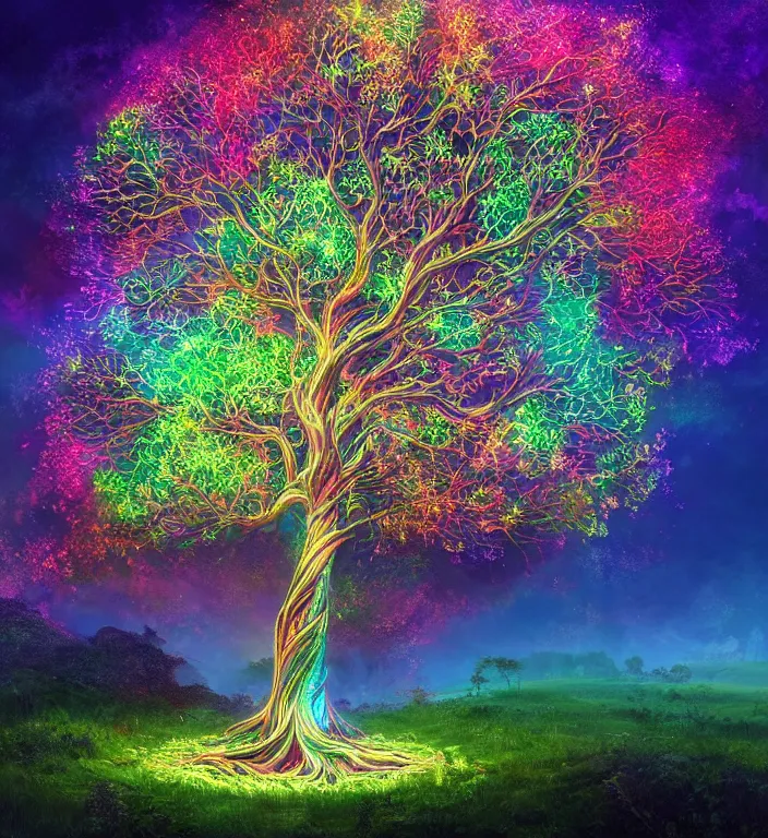 Prompt: magical chromatic glowing tree of life in a hill, centralized, ethereal, rich, fantasy, smooth, sharp focus, high detailed digital art, ultra wide shot, lush colors, in the style of greg rutkowski and hans zatzka, highly realistic, exquisite ornate metal gothic icon heavy patina, delicate, the secret of nihm