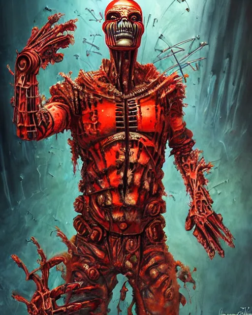 Image similar to cyborg freddy krueger, by antonio j. manzanedo, giger, alex grey, android jones, wayne barlowe, philippe druillet, raymond swanland, cyril rolando, josephine wall, harumi hironaka, trending on artstation