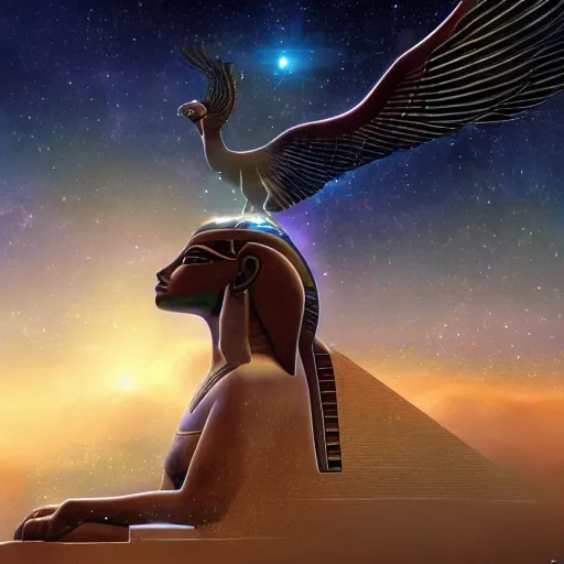 Image similar to realistic image of majestic egyptian god. beautiful majestic triumphant. realistic. beautiful. mysterious. intricately detailed. meticulously rendered. background nisbstarry skym astrophotography. epic. 4 k hd. trending on art station. h 7 6 8