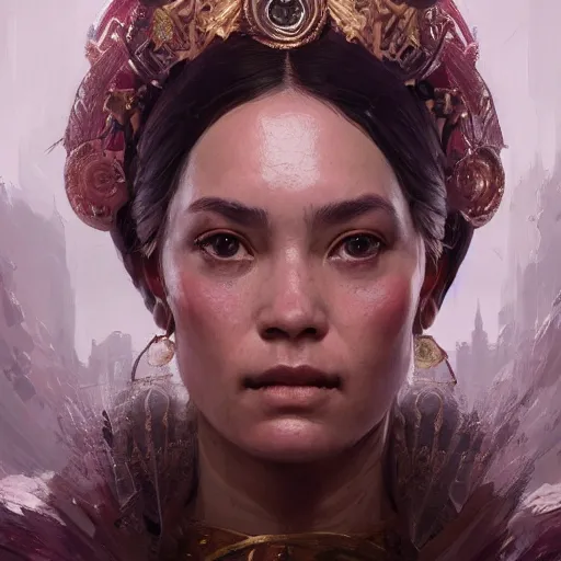 Prompt: Intricate five star Empress facial portrait by greg rutkowski , oil on canvas, high detail, matte finish, high contrast, 3d depth, masterpiece, vivid colors, artstationhd