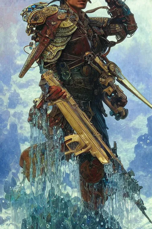 Image similar to portrait of a beautiful man wearing a warrior armor, holding a retro futuristic rifle, drenched body, wet dripping hair, emerging from the water, fantasy, regal, fractal crystal, fractal gems, by stanley artgerm lau, thomas kindkade, alphonse mucha, loish, norman rockwell