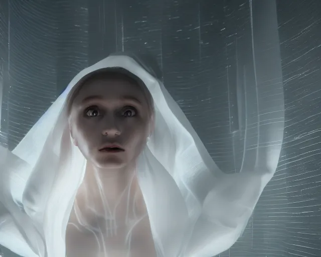 Image similar to a film still of a synthetic female human wrapped in white cloth, in neotokyo, cinematic lighting, high resolution, 4 k