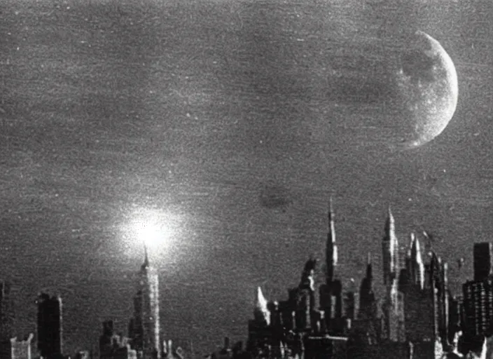 Image similar to vintage film still of the moon exploding over new york city in the 1 9 2 0 s from the old sci - fi movie