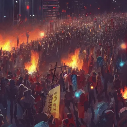 Prompt: protesters marching, detailed digital illustration by greg rutkowski, fire, android netrunner, forced perspective