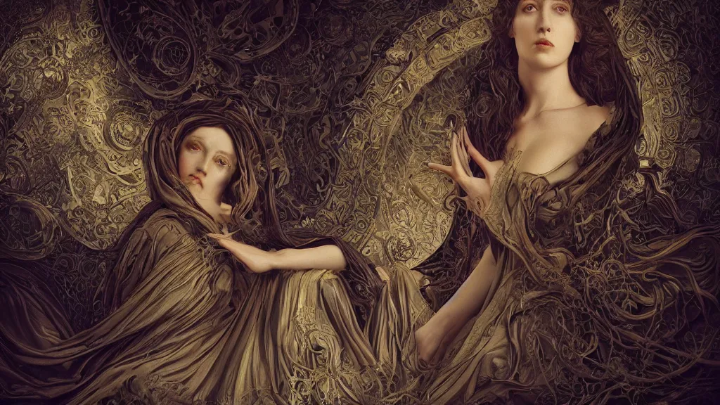 Image similar to whimsically designed pre-raphaelite dark cloaked divine missionary, symmetrical , before an orb of blue light, gold, rococo details, octane render, 4k post processing is very detailed, moody lighting, Maya+V-Ray +metal art+ extremely detailed, beautiful, unreal engine, lovecraft, Big Bang cosmology in LSD+IPAK,4K, beatiful art by Lêon François Comerre, ashley wood, craig mullins, ,outer space view, William-Adolphe Bouguereau, Rosette