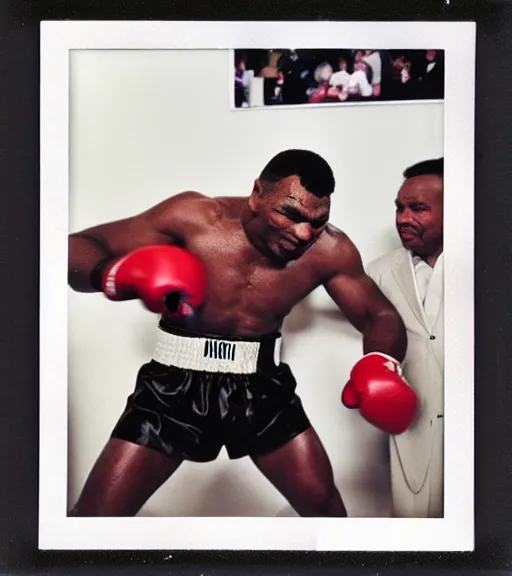 Image similar to photograph of Mike Tyson boxing Mohammed Ali round 12 heavy weight championship, taken on instant film polaroid, signed by mike tyson and mohammed ali