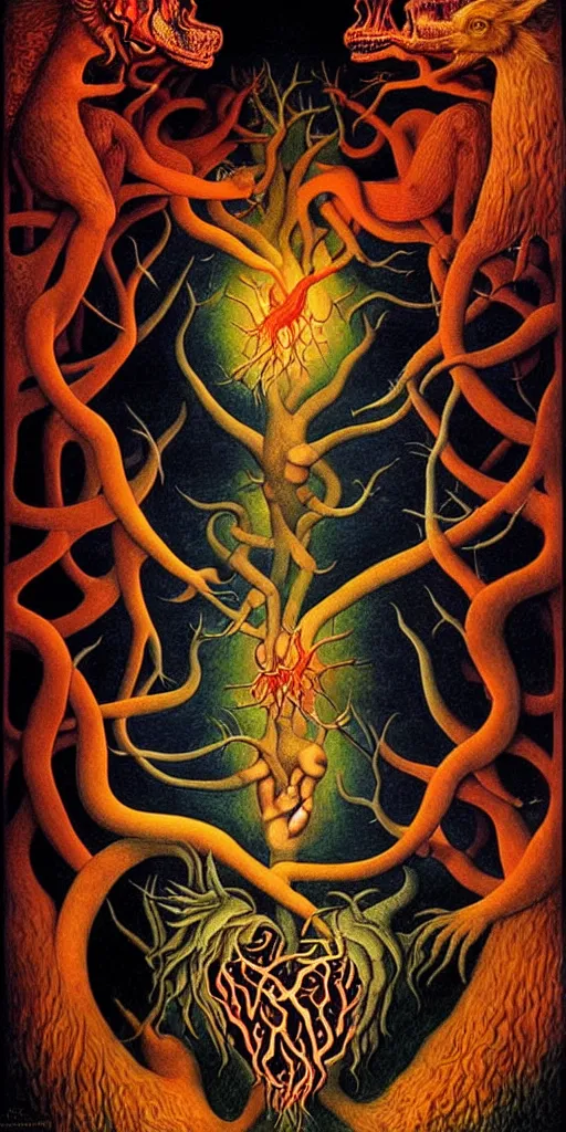 Image similar to mythical creatures and monsters in the visceral anatomical human heart imaginal realm of the collective unconscious, in a dark surreal painting by johfra, mc escher and ronny khalil, dramatic lighting fire glow