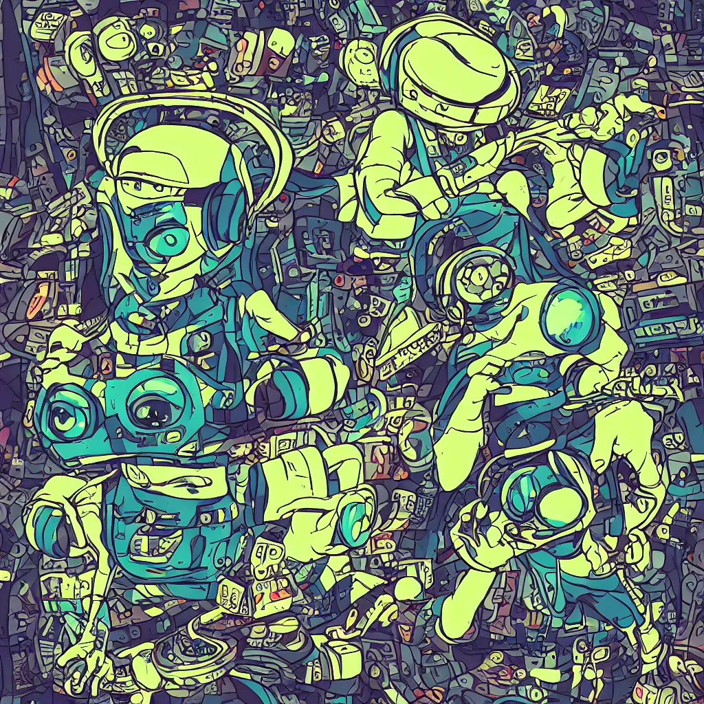 Image similar to a toad wearing headphones, ryuta ueda artwork, breakcore, style of jet set radio, y 2 k, gloom, space, cel - shaded art style, record store, data, minimal, code, cybernetic, dark, eerie, cyber