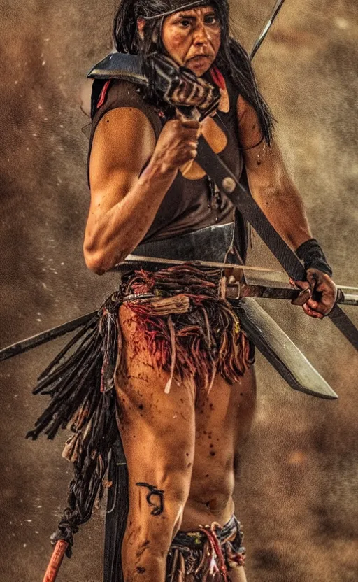 Prompt: Powerful Mestizo Woman Warrior with Axe and torn clothing